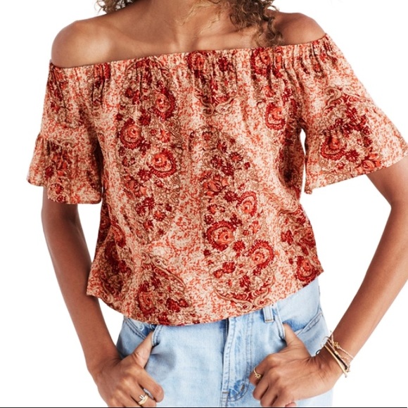 Madewell Tops - Madewell Paisley Off the Shoulder Silk Blouse